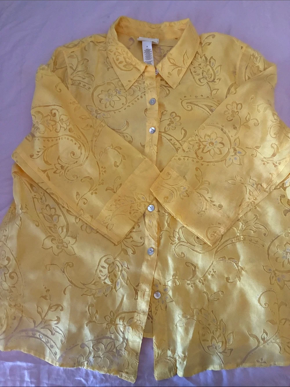 Alfred Dunner Yellow Floral Jacquard Button-Up Blouse - Picture 2 of 2